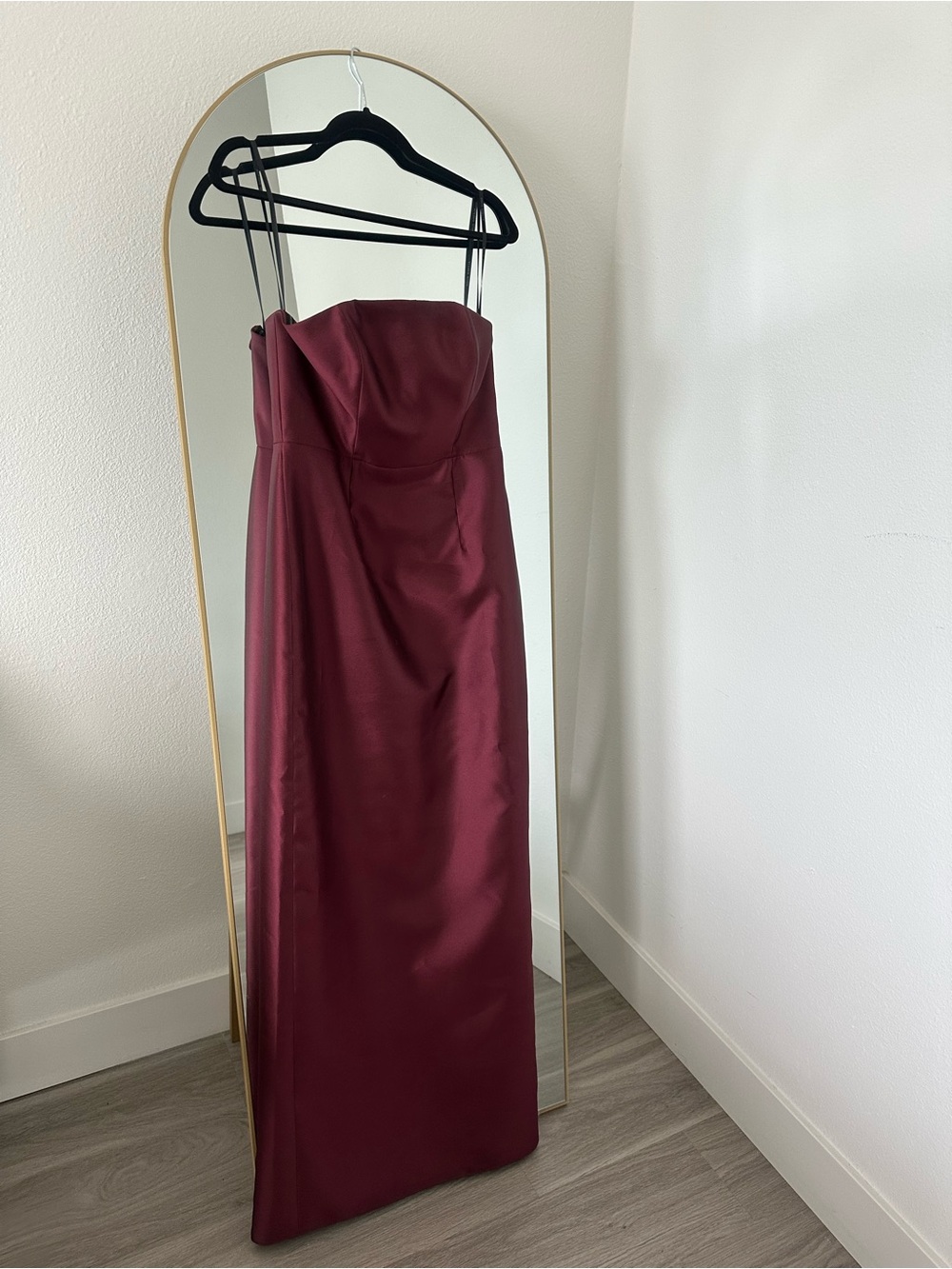 ALFRED SUNG Strapless Satin Twill Gown in Wine